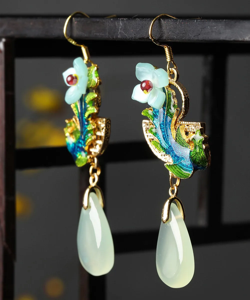 Beautiful Green Jade Cloisonne Synthetic Flower Gem Stone Drip Drop Earrings LY2303