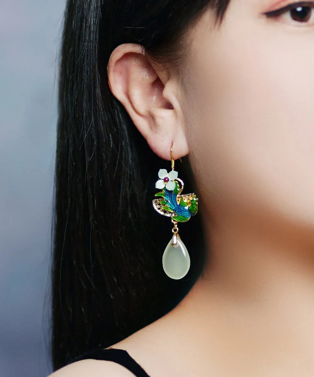 Beautiful Green Jade Cloisonne Synthetic Flower Gem Stone Drip Drop Earrings LY2303