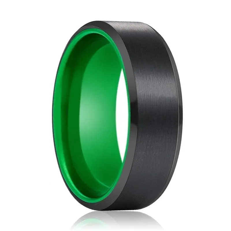 Bellevue Black Brush Finish Tungsten Carbide Ring with Green Interior  6mm & 8mm