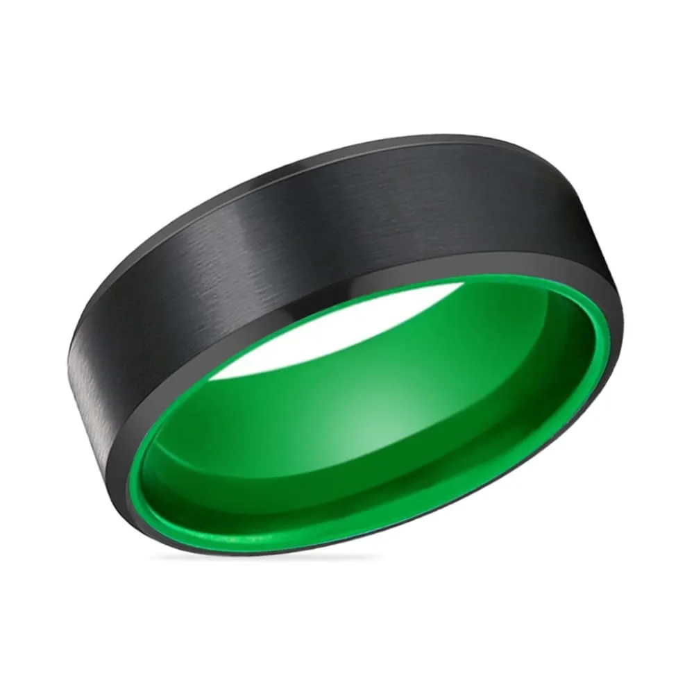 Bellevue Black Brush Finish Tungsten Carbide Ring with Green Interior  6mm & 8mm