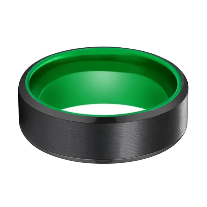 Bellevue Black Brush Finish Tungsten Carbide Ring with Green Interior  6mm & 8mm