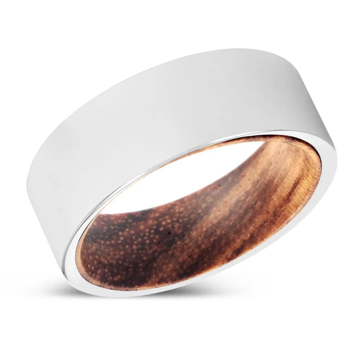 BELVINS | Zebra Wood, Silver Tungsten Ring, Shiny, Flat