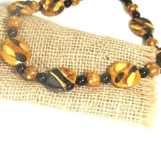 Black & Gold Kazuri Handmade Bead Necklace