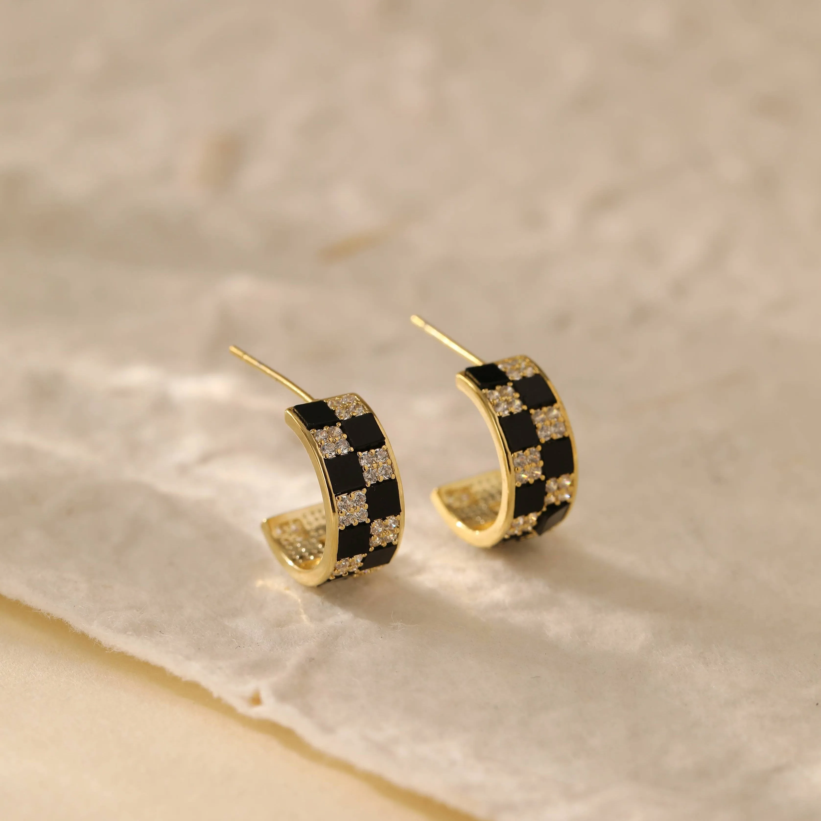 Black and White Checkerboard Gold Hoop Earrings