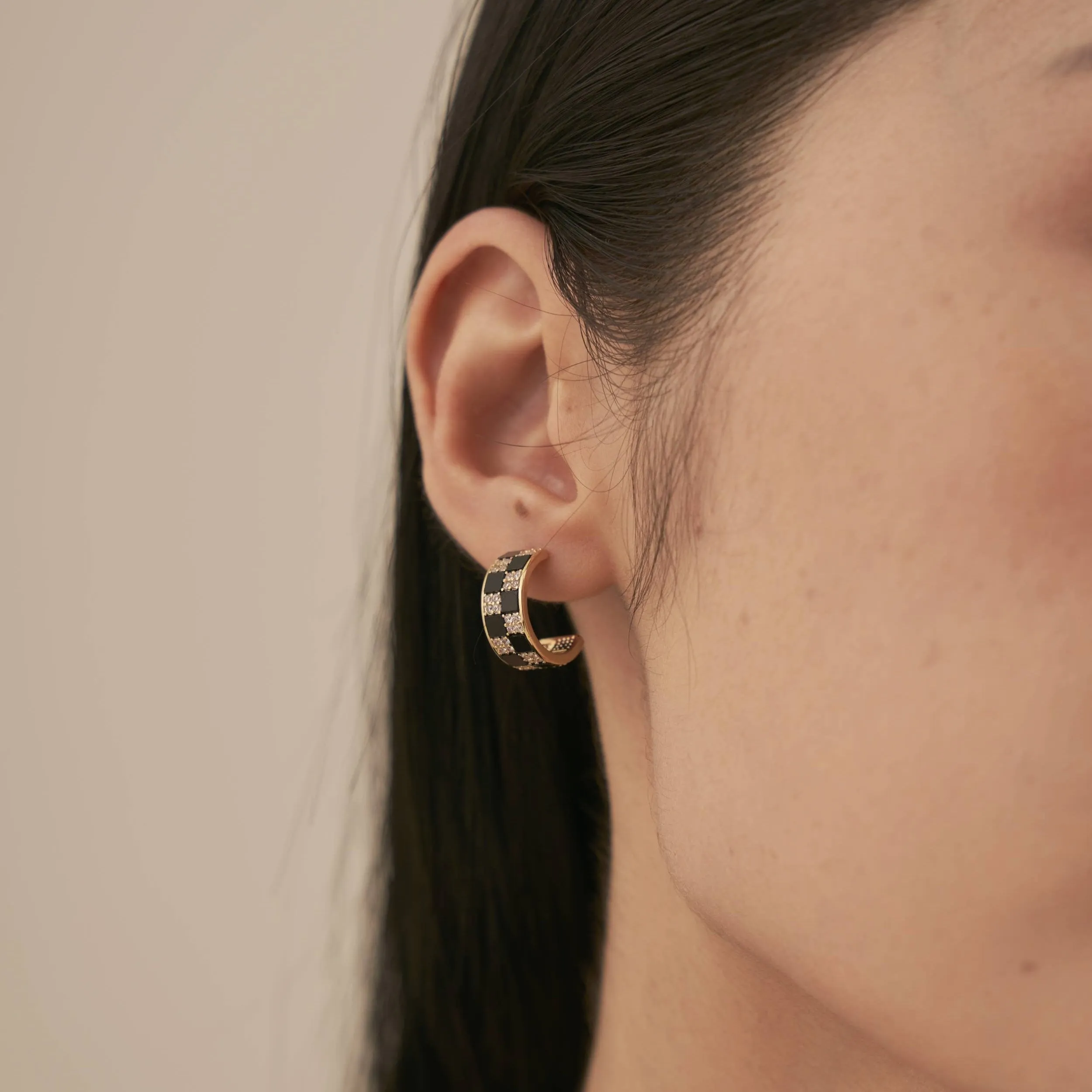 Black and White Checkerboard Gold Hoop Earrings