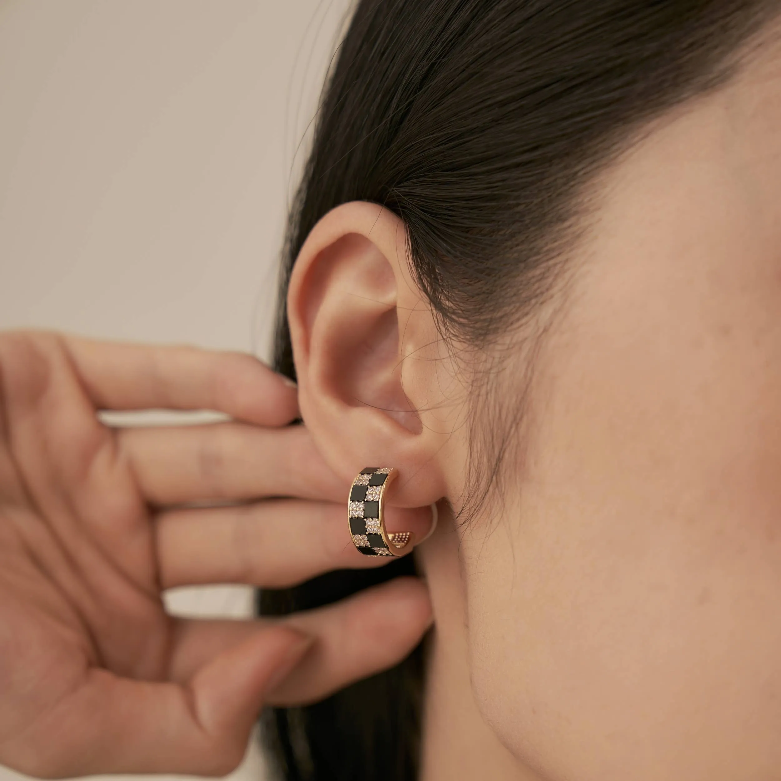 Black and White Checkerboard Gold Hoop Earrings