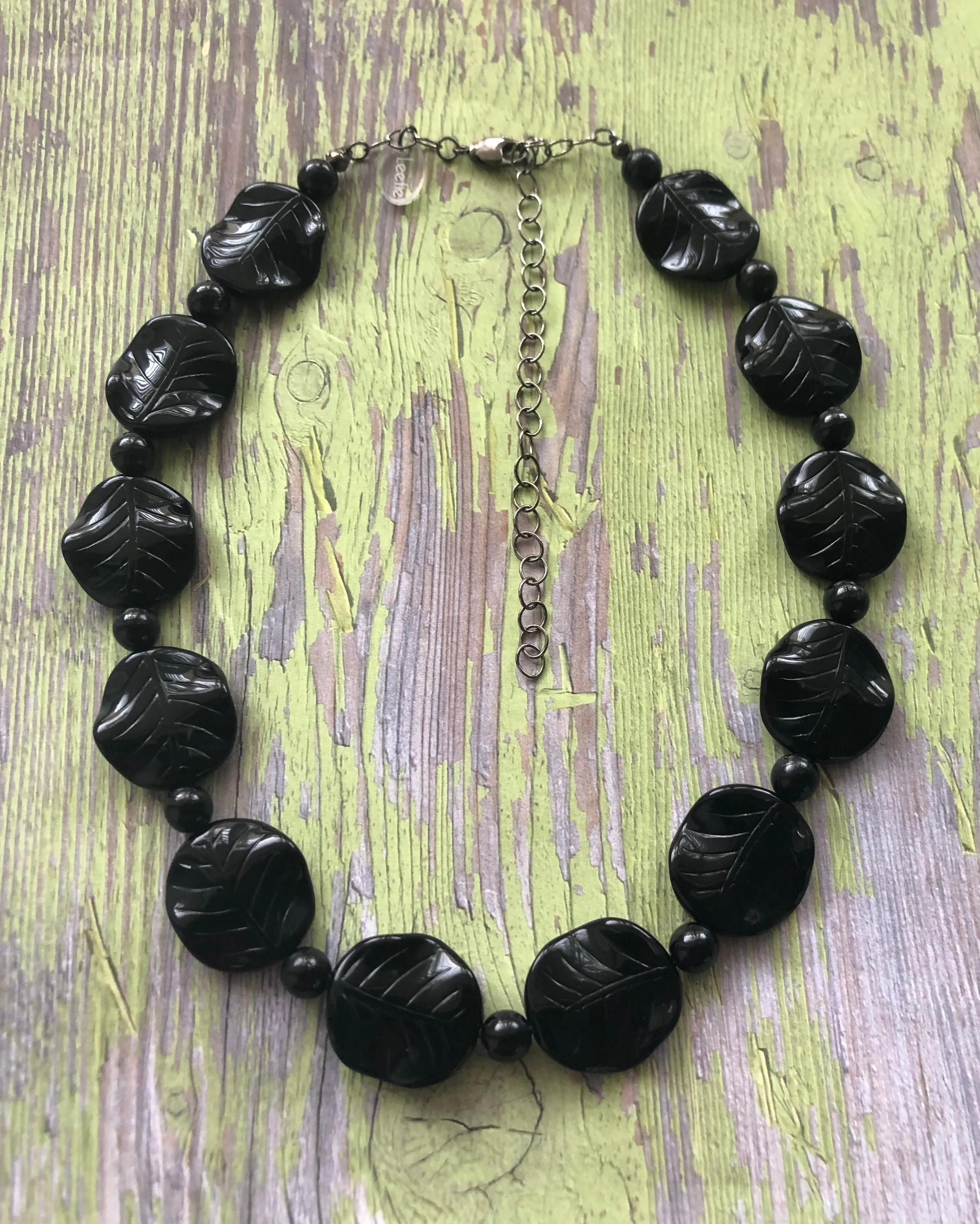 Black Carved Leaves Beaded Marco Necklace