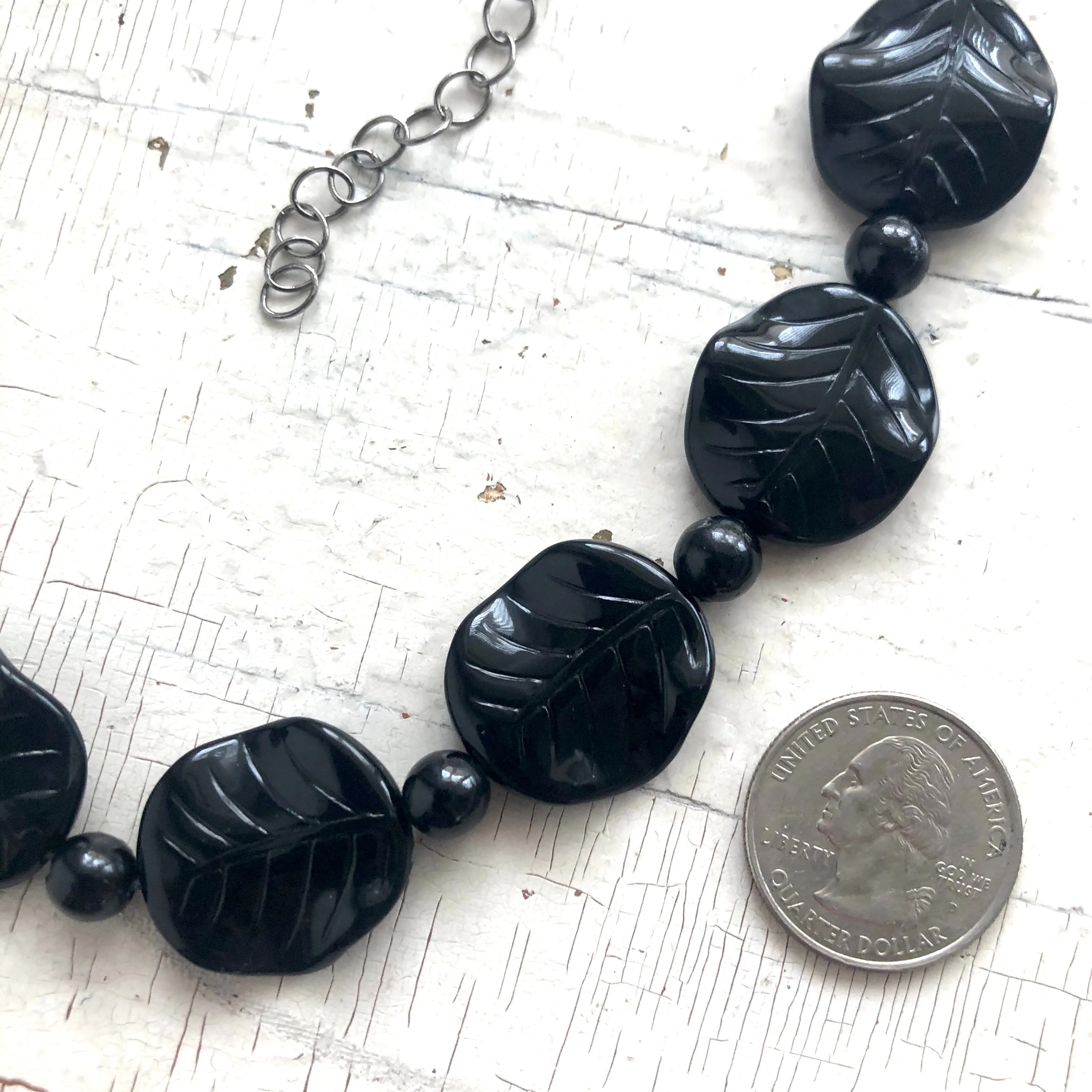 Black Carved Leaves Beaded Marco Necklace