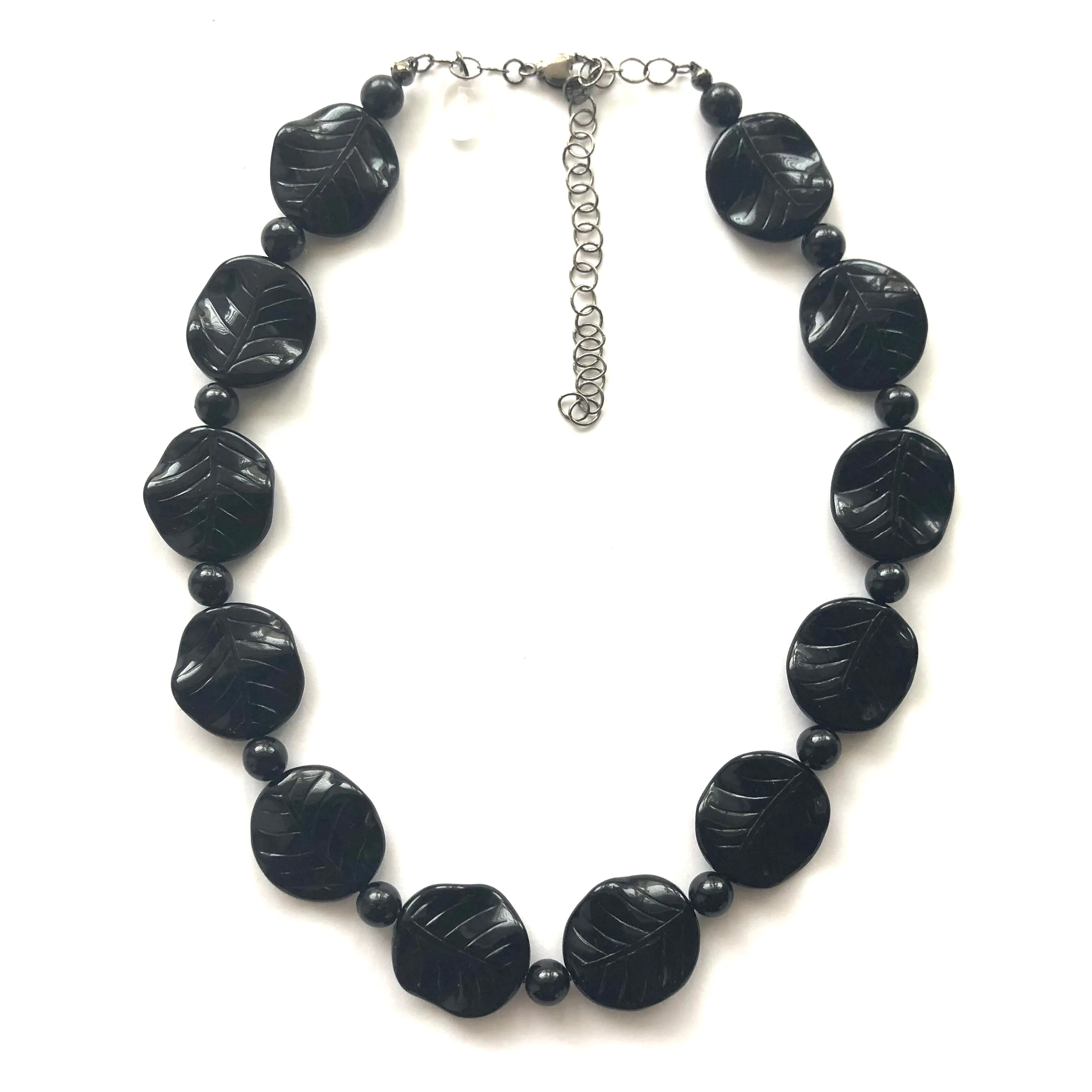 Black Carved Leaves Beaded Marco Necklace