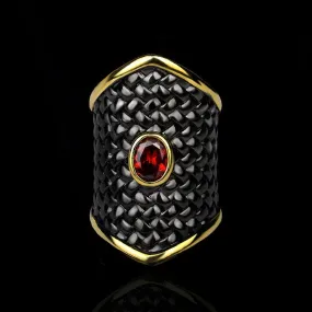 Black Gold Geometric Created Red Garnet Statement Ring