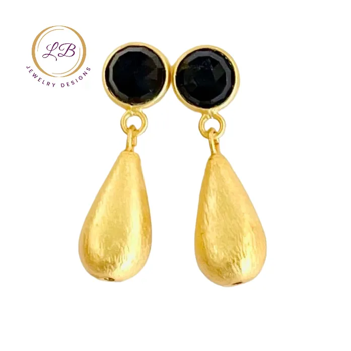 Black Onyx 22k Brushed Gold Vermeil Dangle Earrings 1.5”