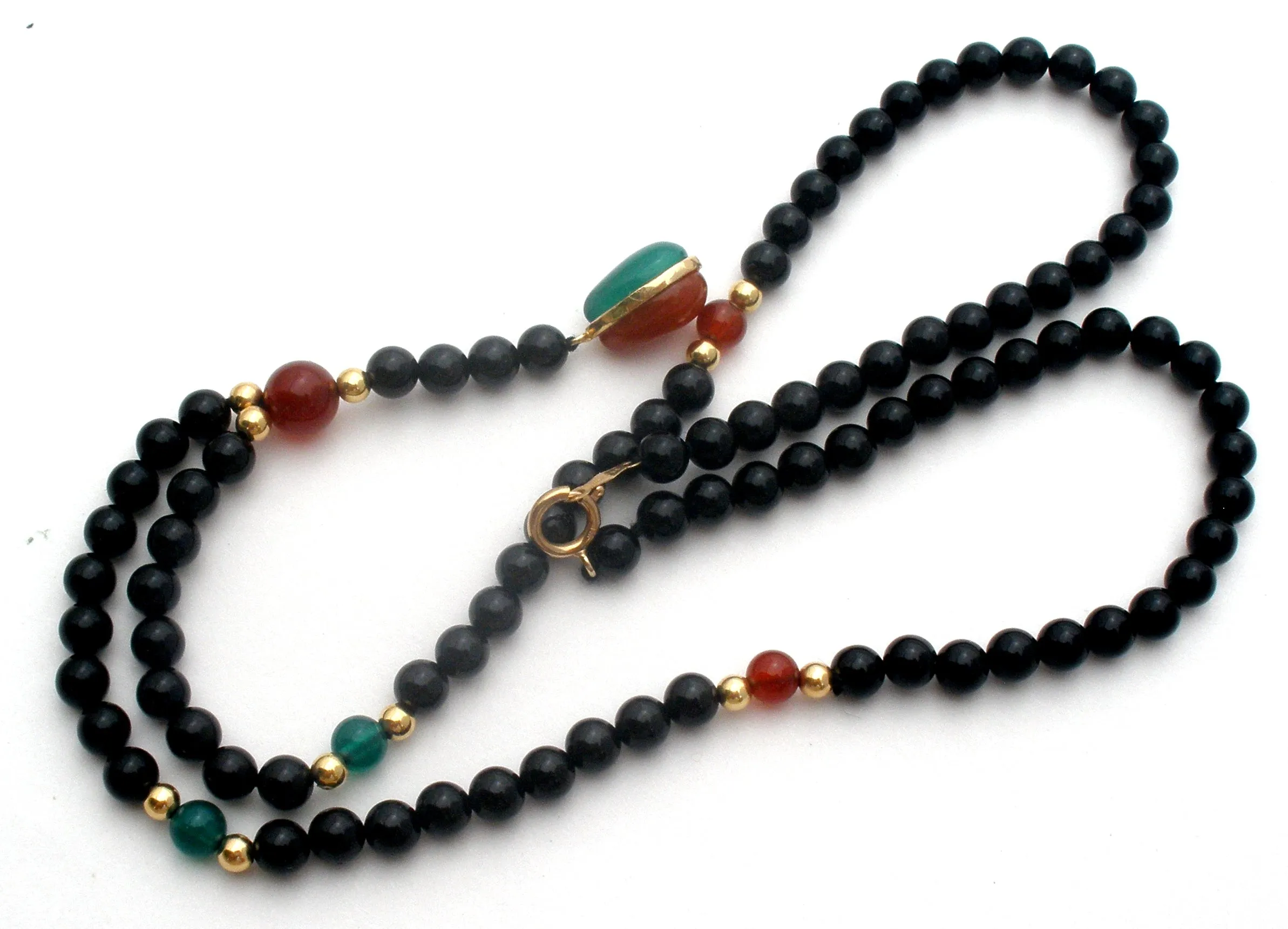 Black Onyx Carnelian Chrysoprase Bead Necklace 14K Gold