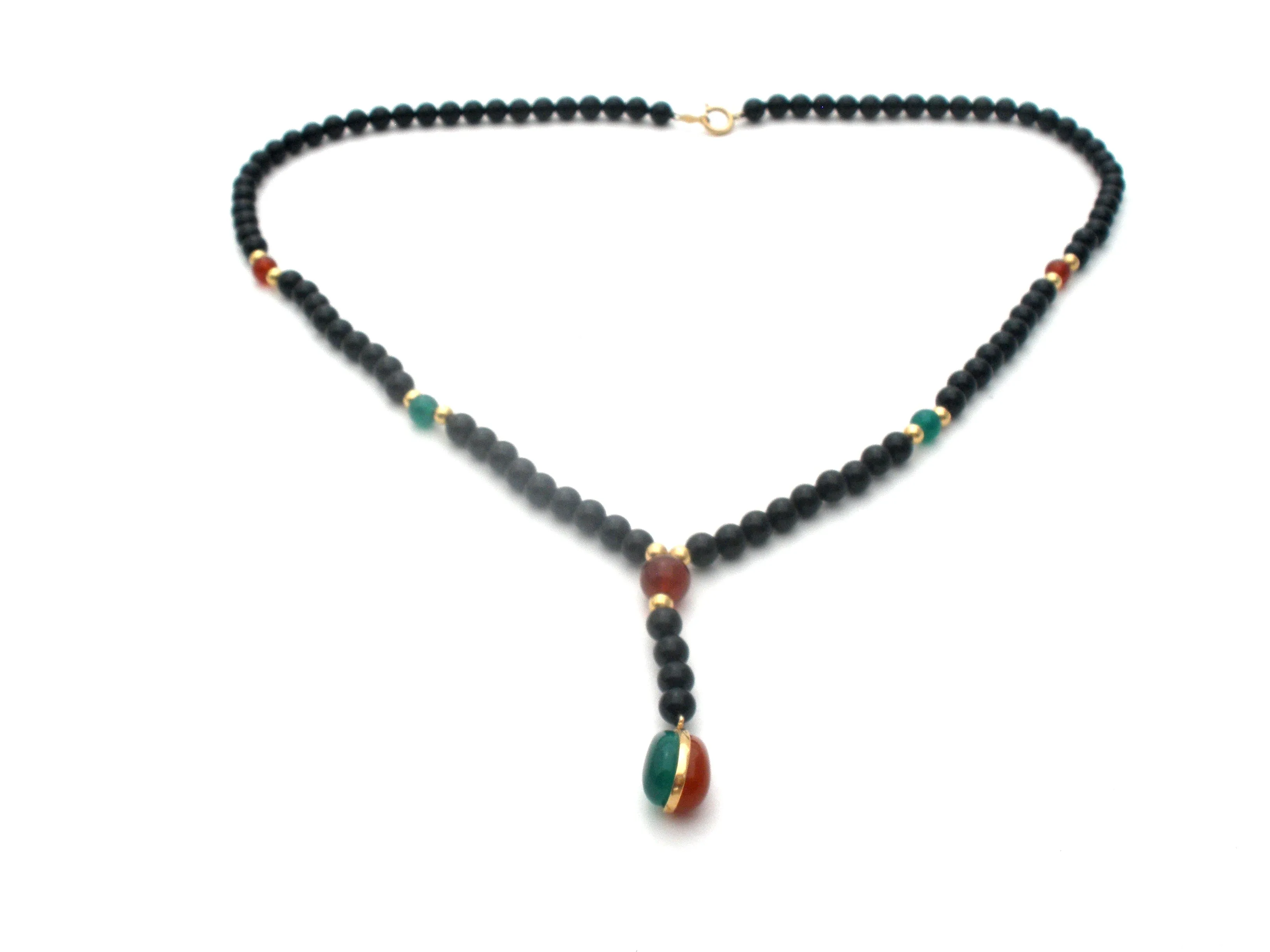 Black Onyx Carnelian Chrysoprase Bead Necklace 14K Gold