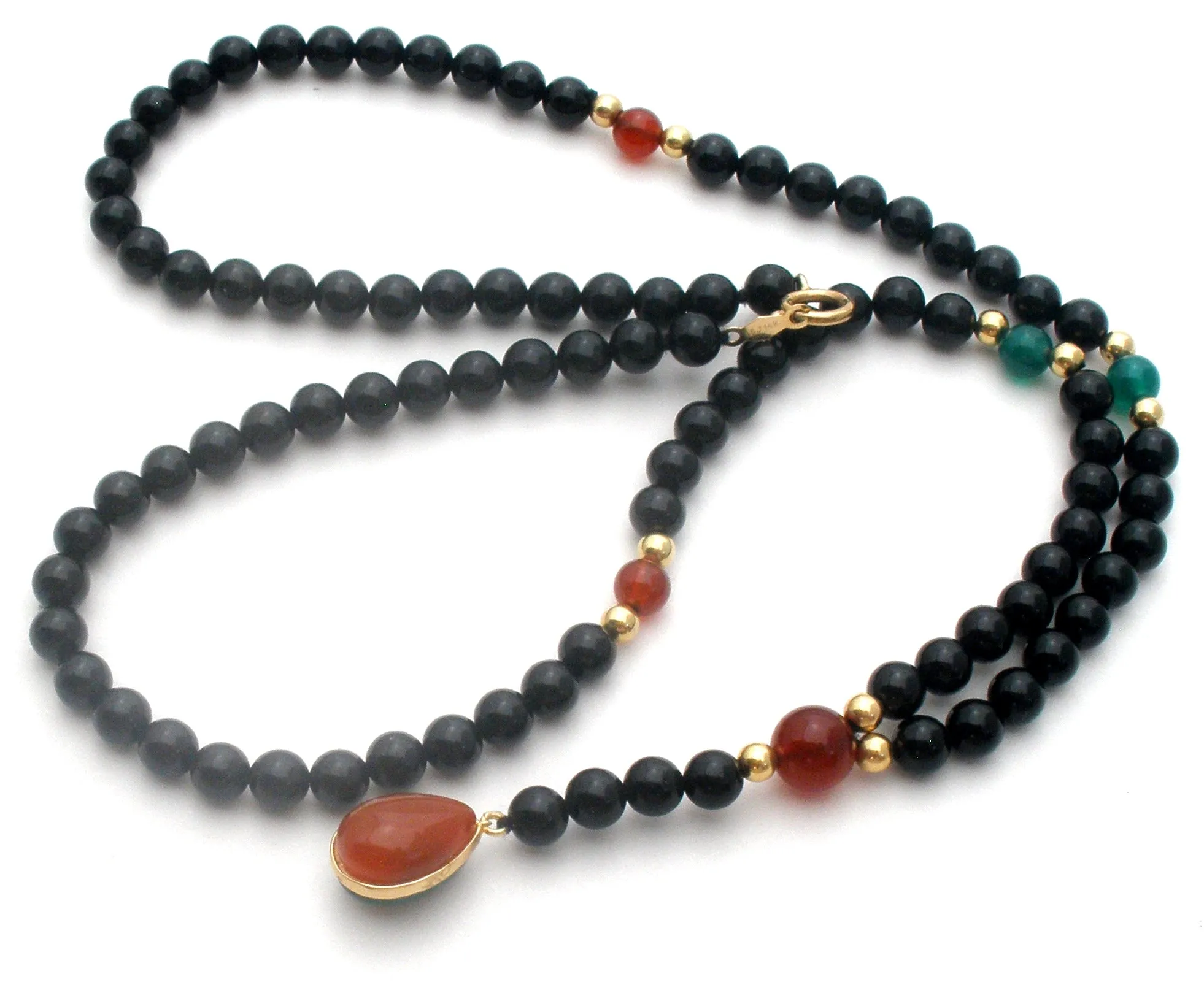 Black Onyx Carnelian Chrysoprase Bead Necklace 14K Gold