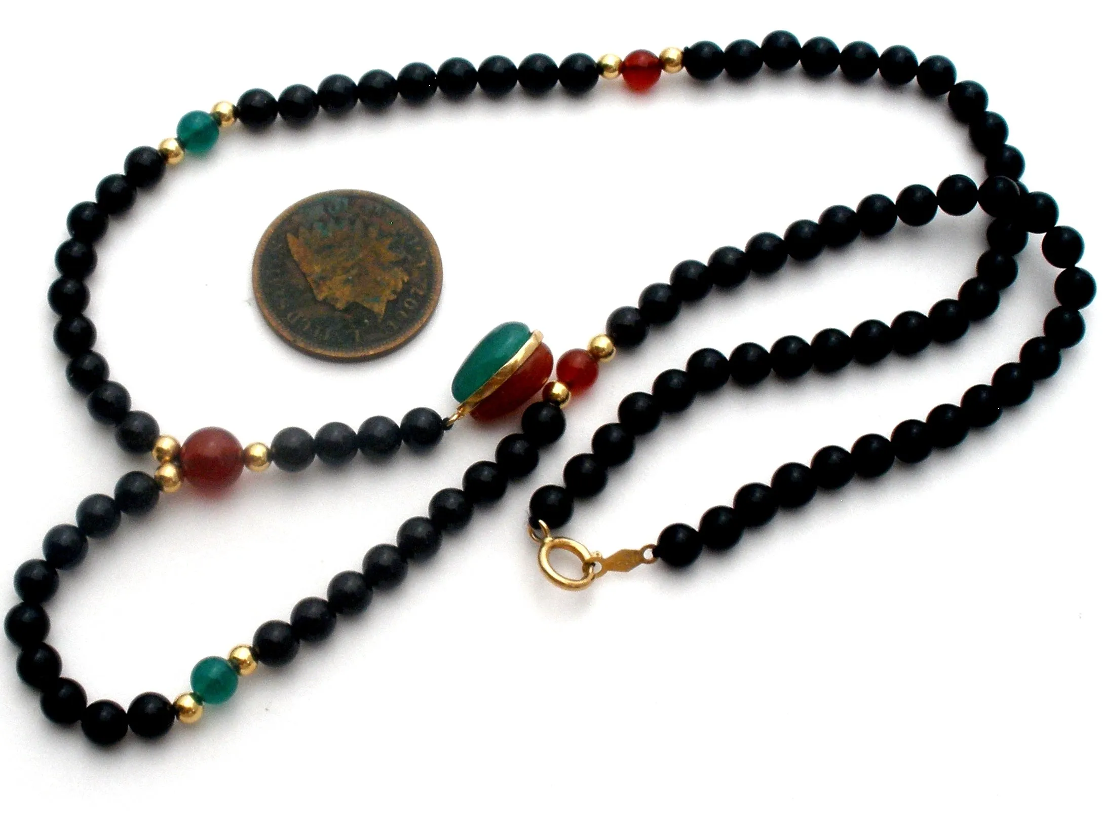 Black Onyx Carnelian Chrysoprase Bead Necklace 14K Gold