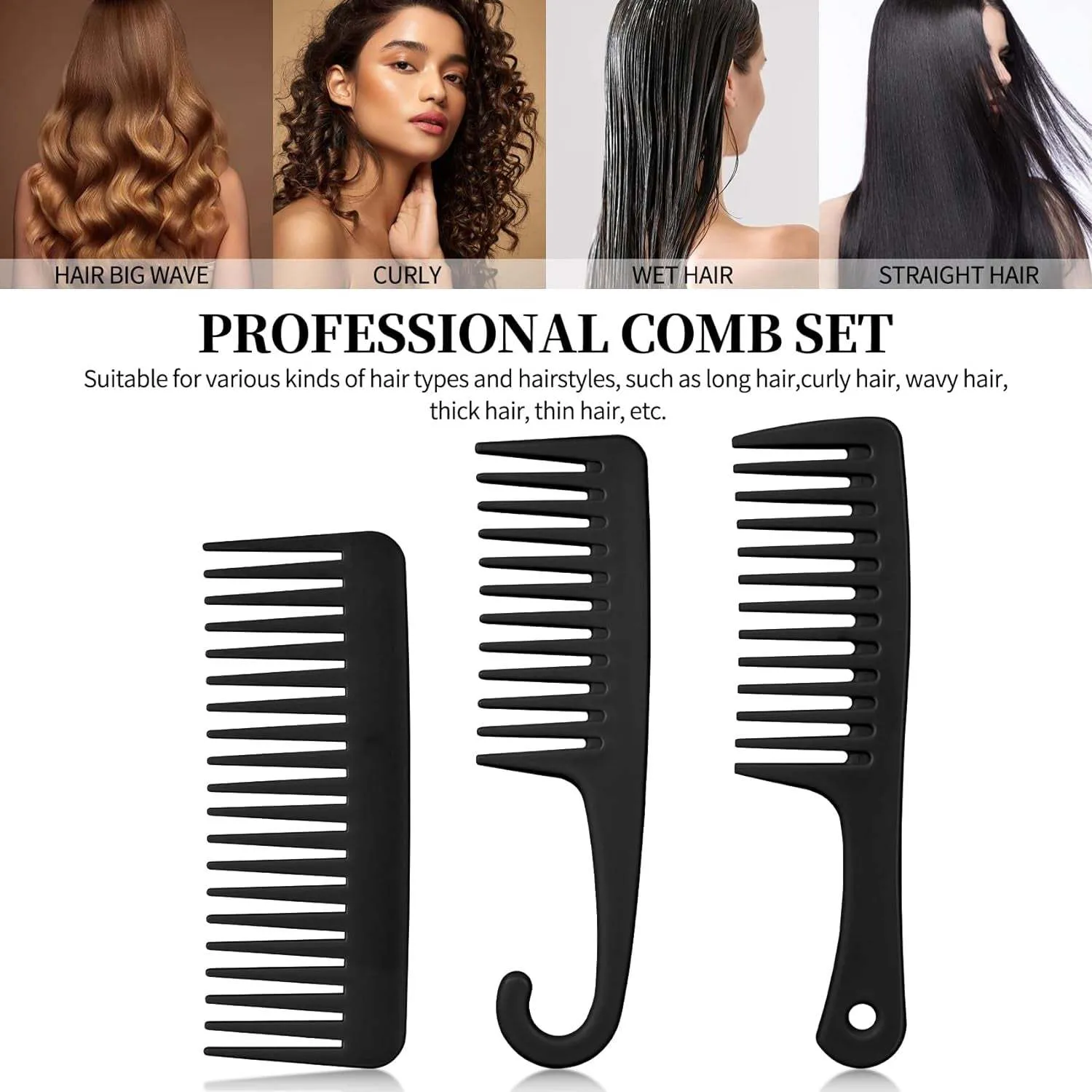 Black Wide Tooth & Detangler Comb Set 3PCS