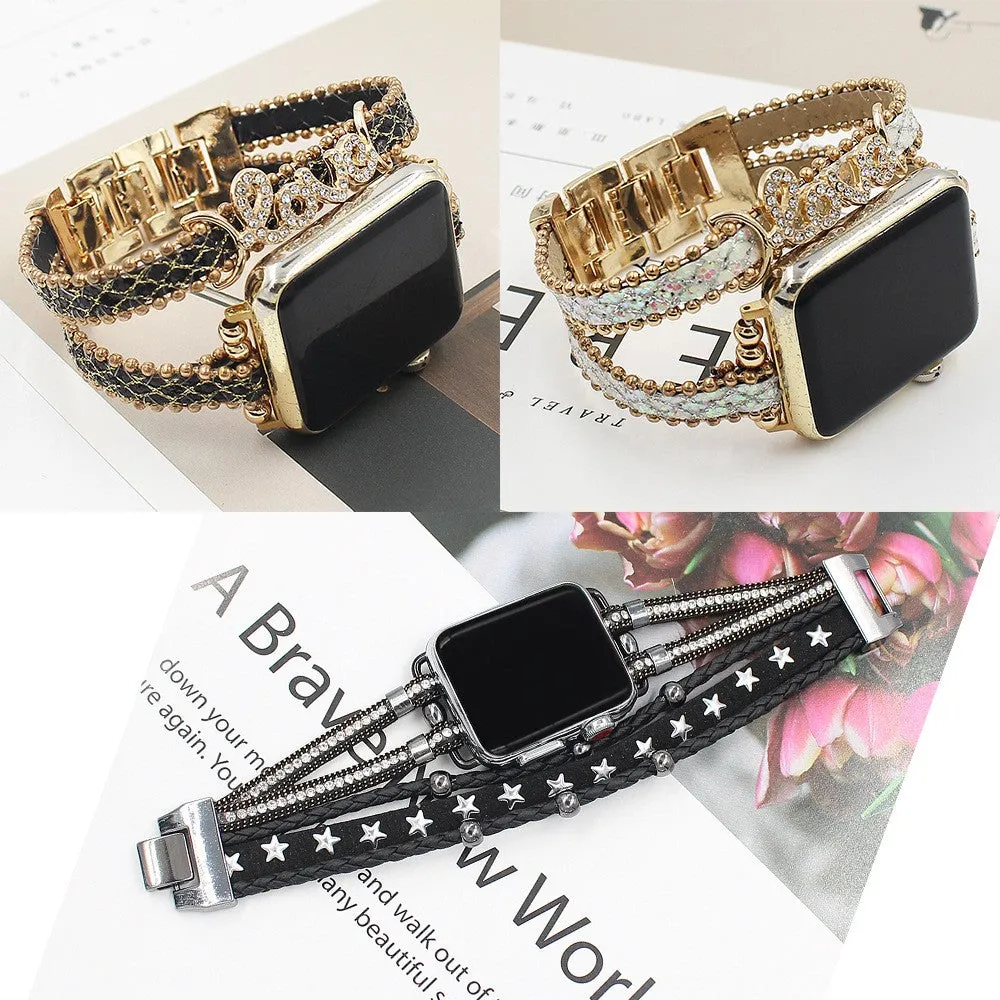 Blinged Out Leather Steel Bracelet Band For Apple Watch Multiple Colors Available