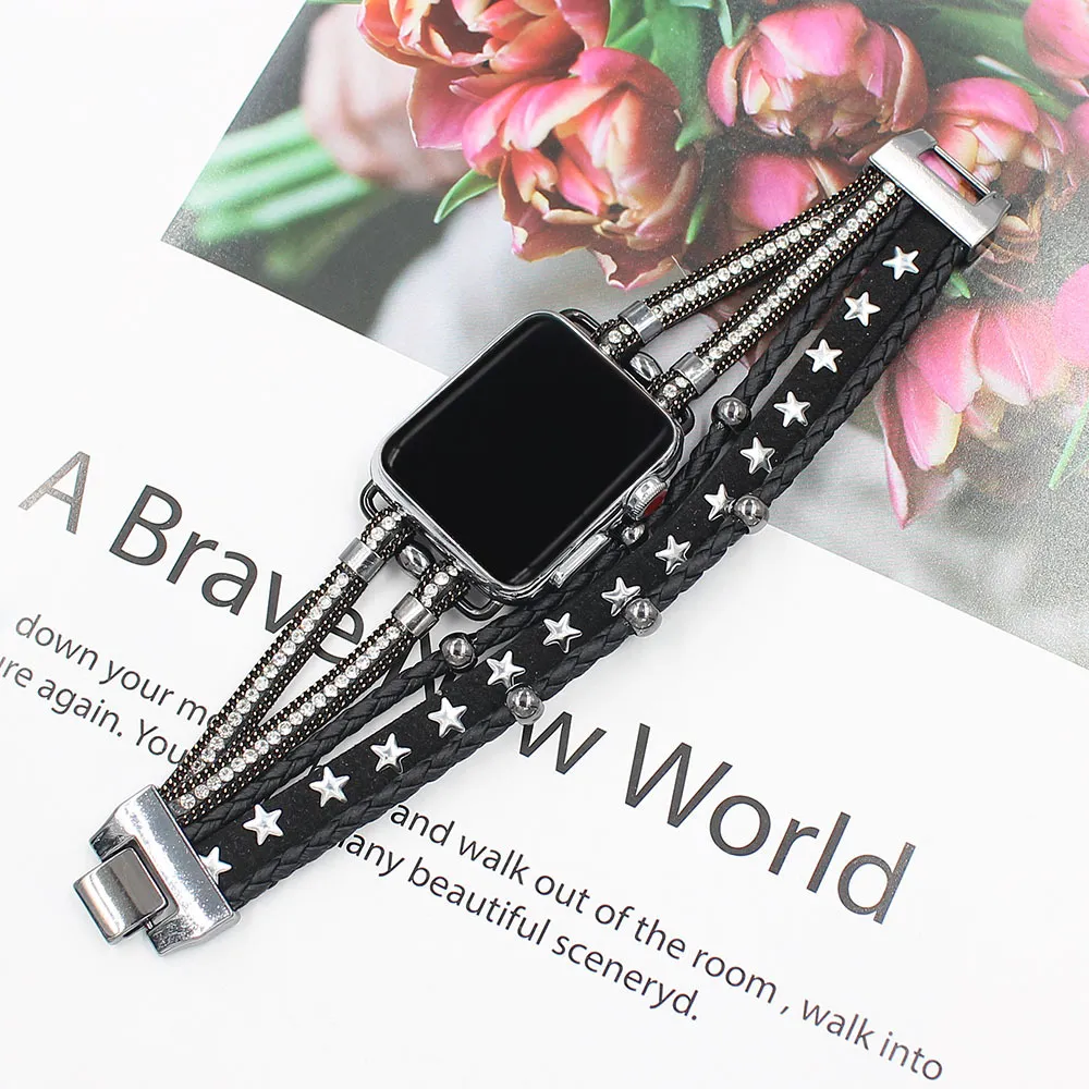 Blinged Out Leather Steel Bracelet Band For Apple Watch Multiple Colors Available