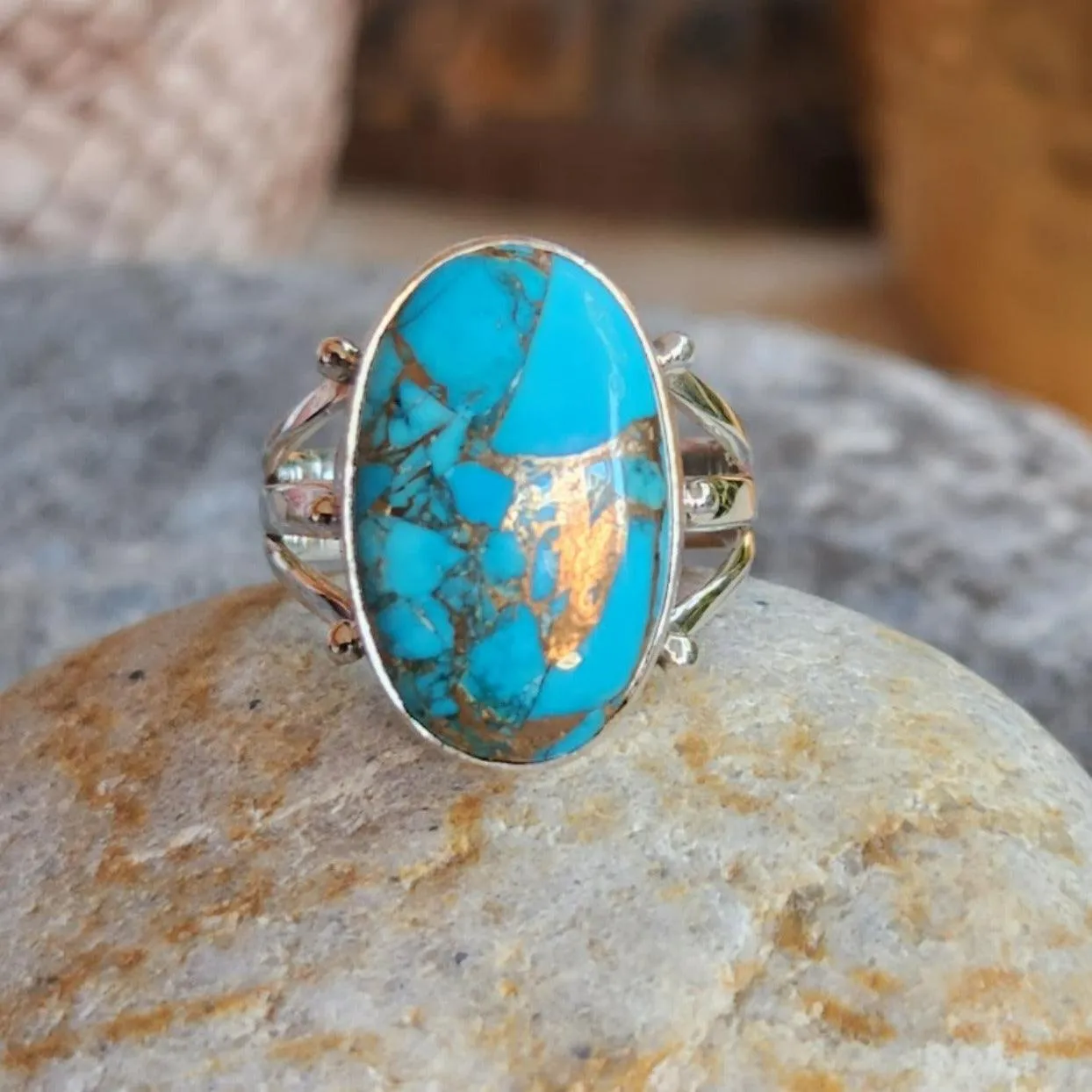 BLUE & GOLD - TURQUOISE COPPER 925 RING