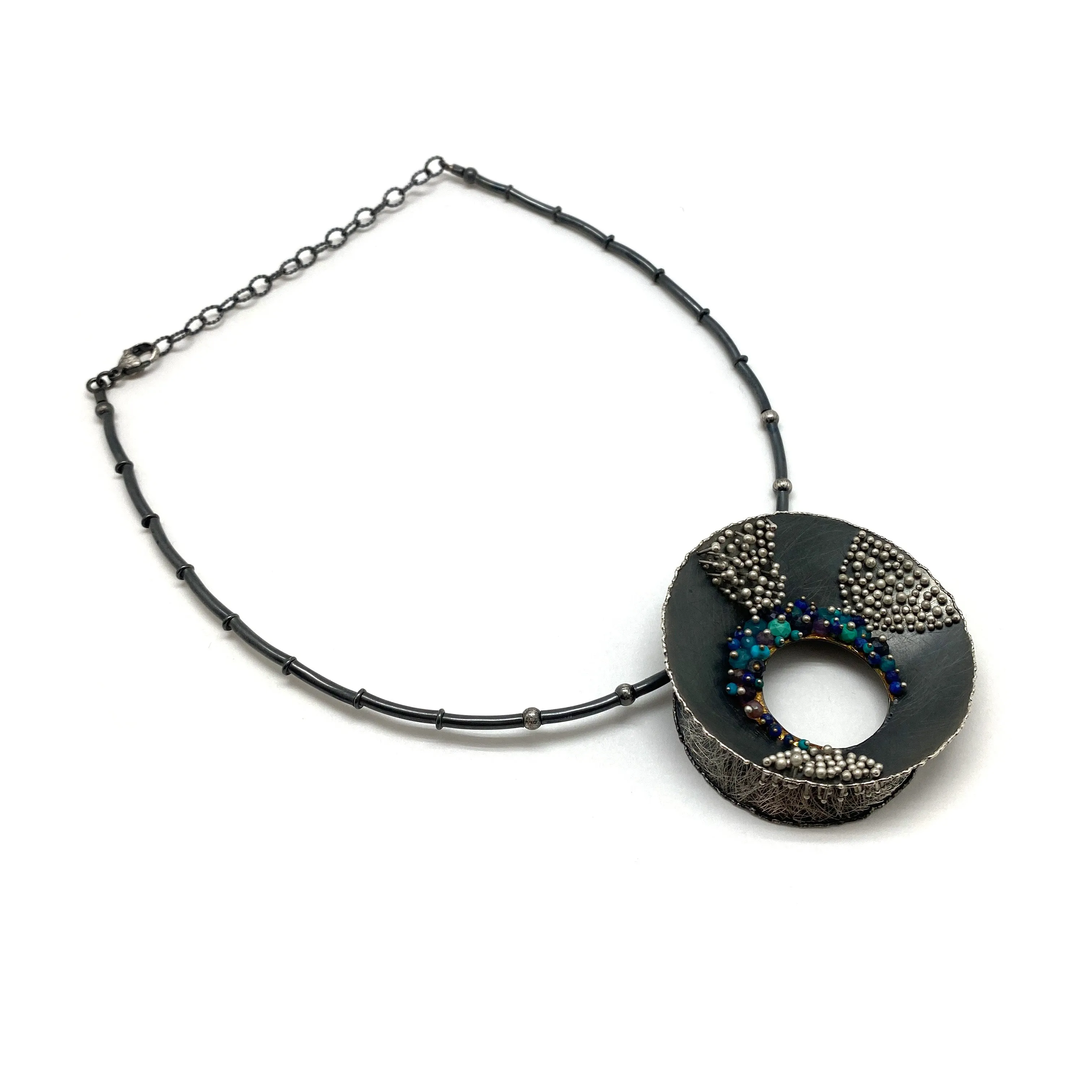 Blue Multi-Bead Silver Concave Necklace