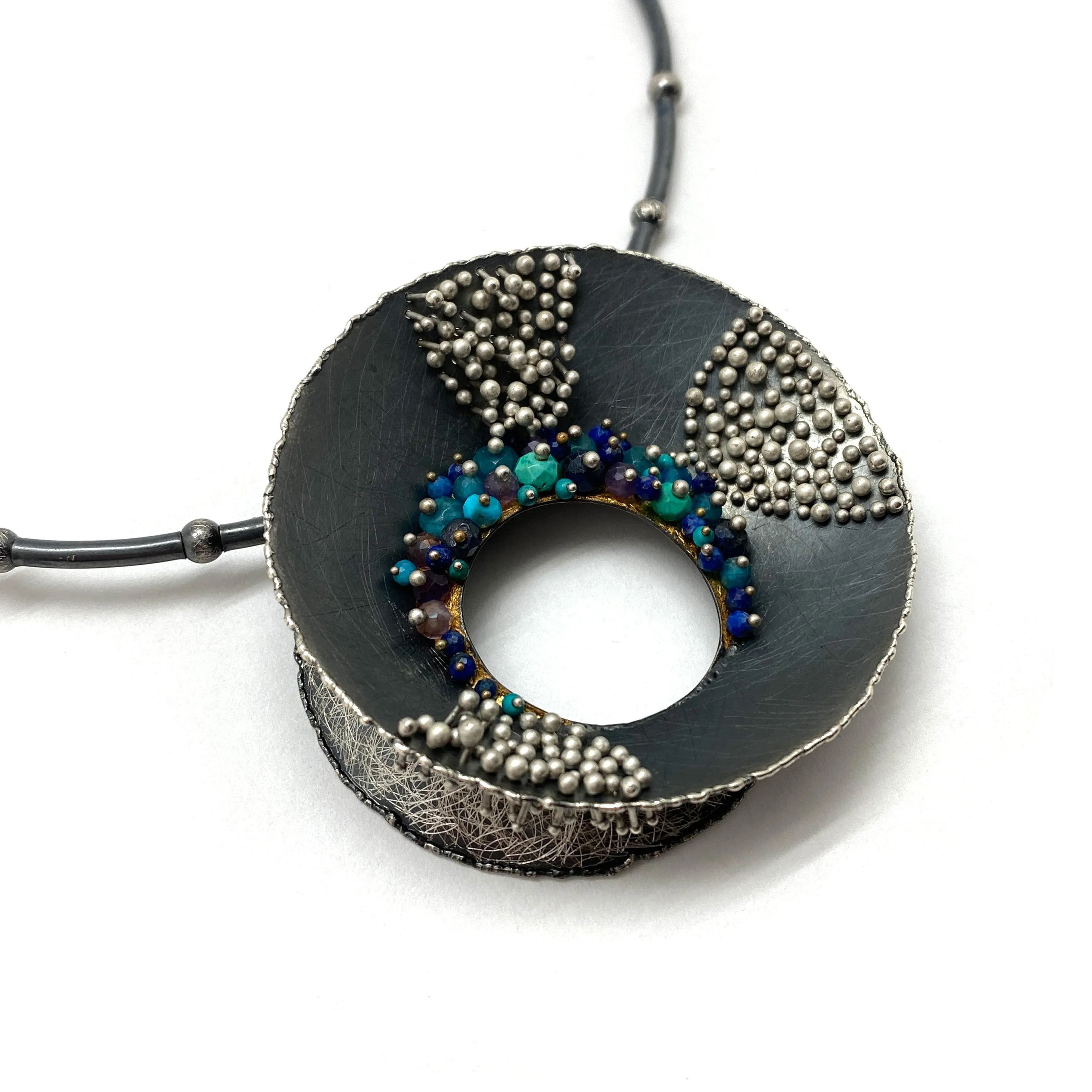 Blue Multi-Bead Silver Concave Necklace