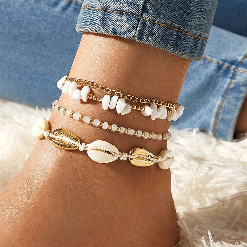 Boho Handmade Shell Seed Beads Anklet Set