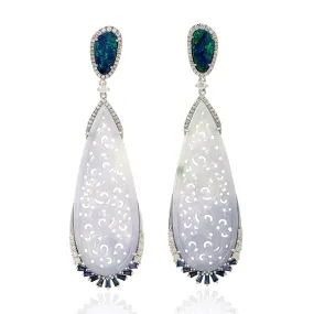 Carved Jade Baguette Sapphire Oval Opal Prong Diamond 18K White Gold Drop Danglers For Women