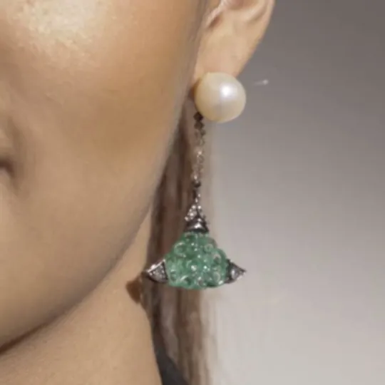 Carved Jade Earrings with Pearl & Diamond