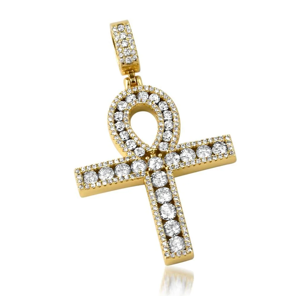 Channel Set Ankh Cross CZ Bling Bling Pendant in Gold