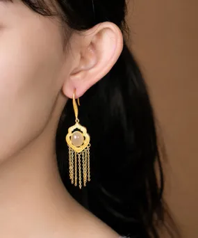 Chic Cyan Inlaid Hetian Jade Gold Plated Drop Earrings