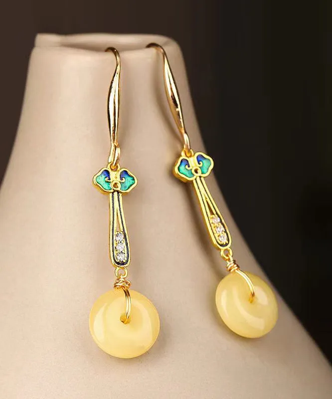 Chic Silver Zircon Yellow Jade Drop Earrings LY9153