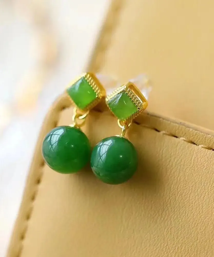 Chic Spinach Green Sterling Silver Overgild Jade Drop Earrings LY8605