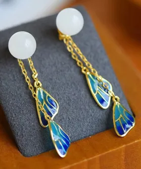 Chic White Sterling Silver Inlaid Jade Enamel Tassel Drop Earrings LY2294