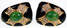 Ciner Gold Toned Earrings with Faux Jade Cabuchons Rhinestones & Black Enamel