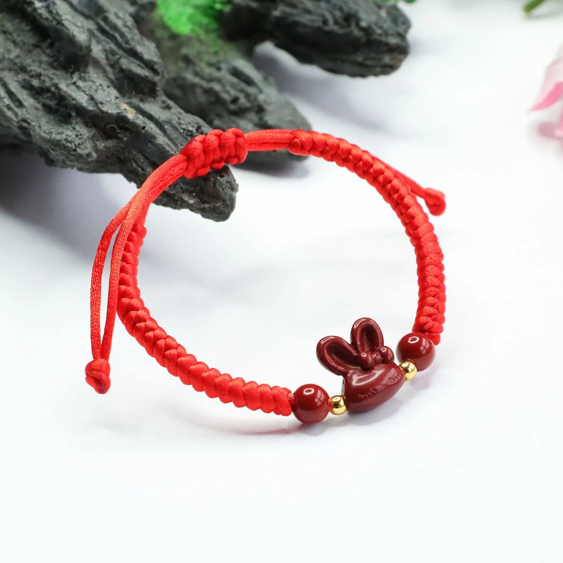 Cinnabar Stone Rabbit Charm Sterling Silver Bracelet