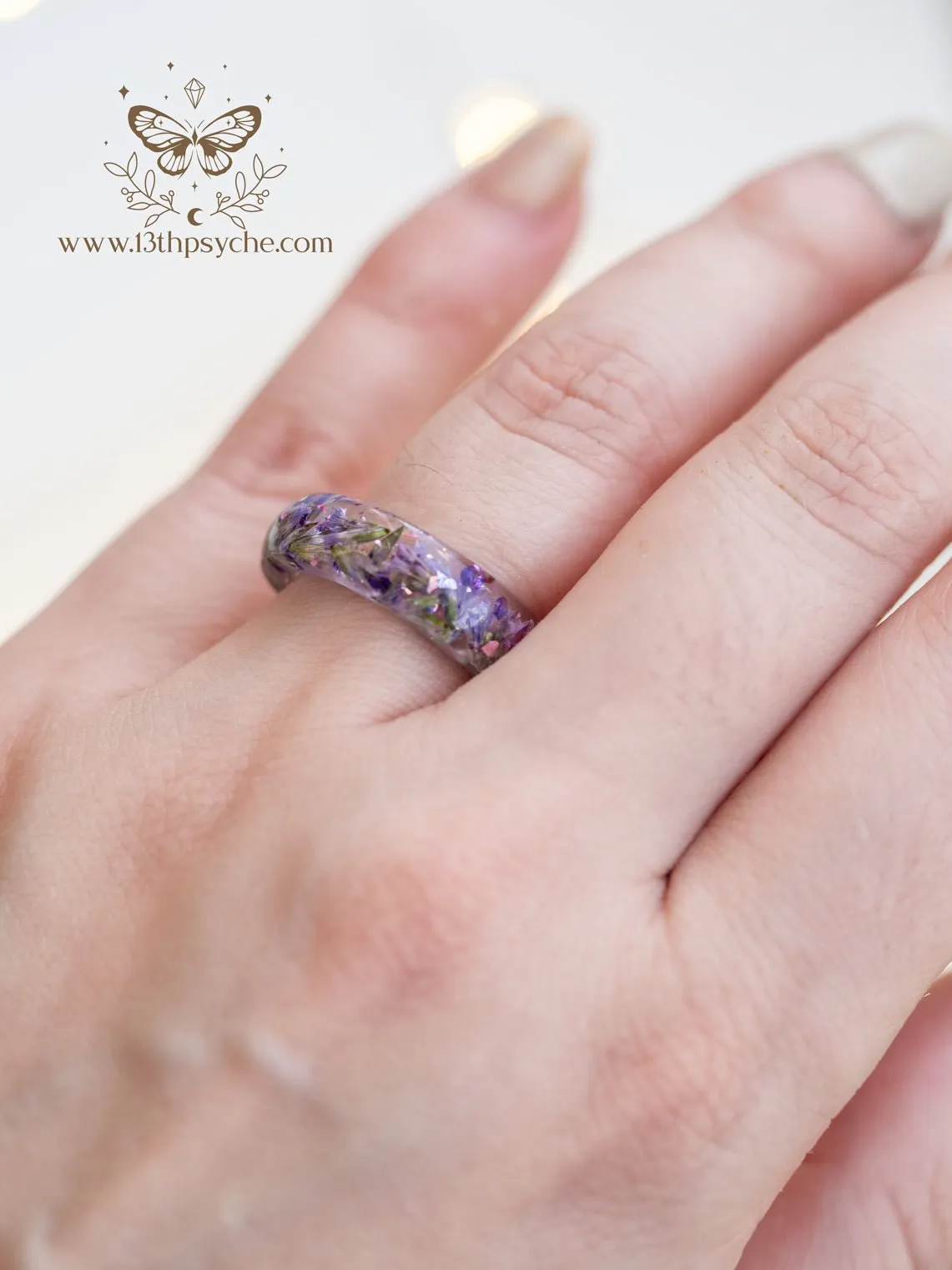 Clear Resin ring with dried lilac flowers