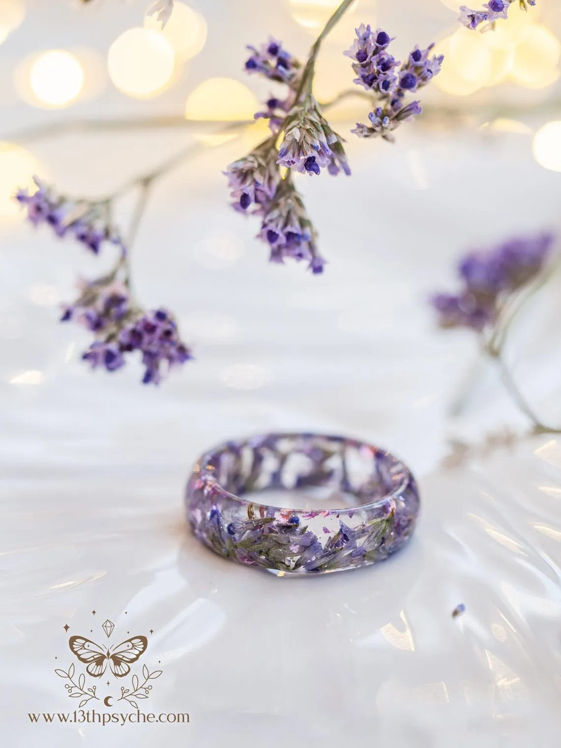 Clear Resin ring with dried lilac flowers