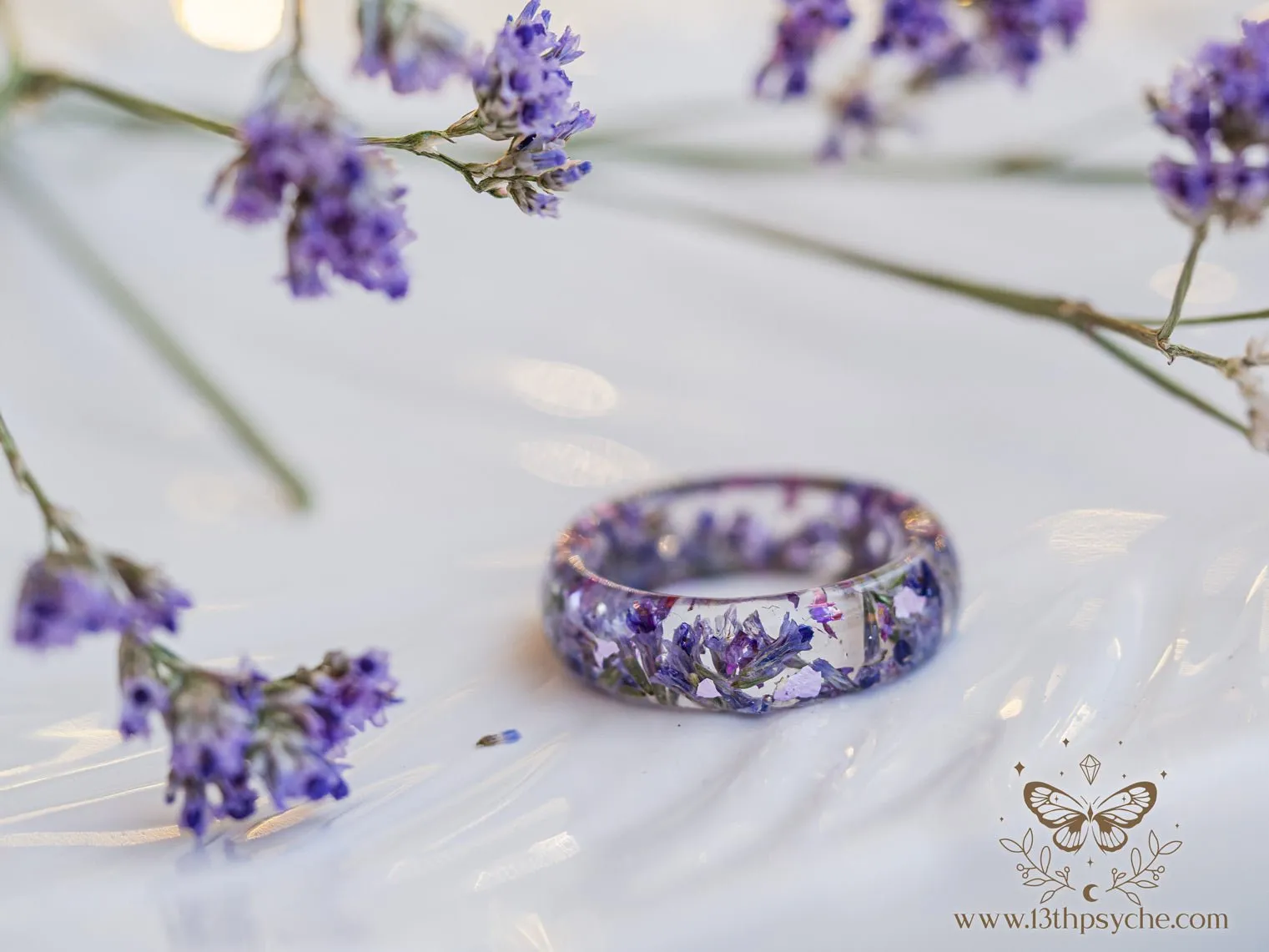 Clear Resin ring with dried lilac flowers