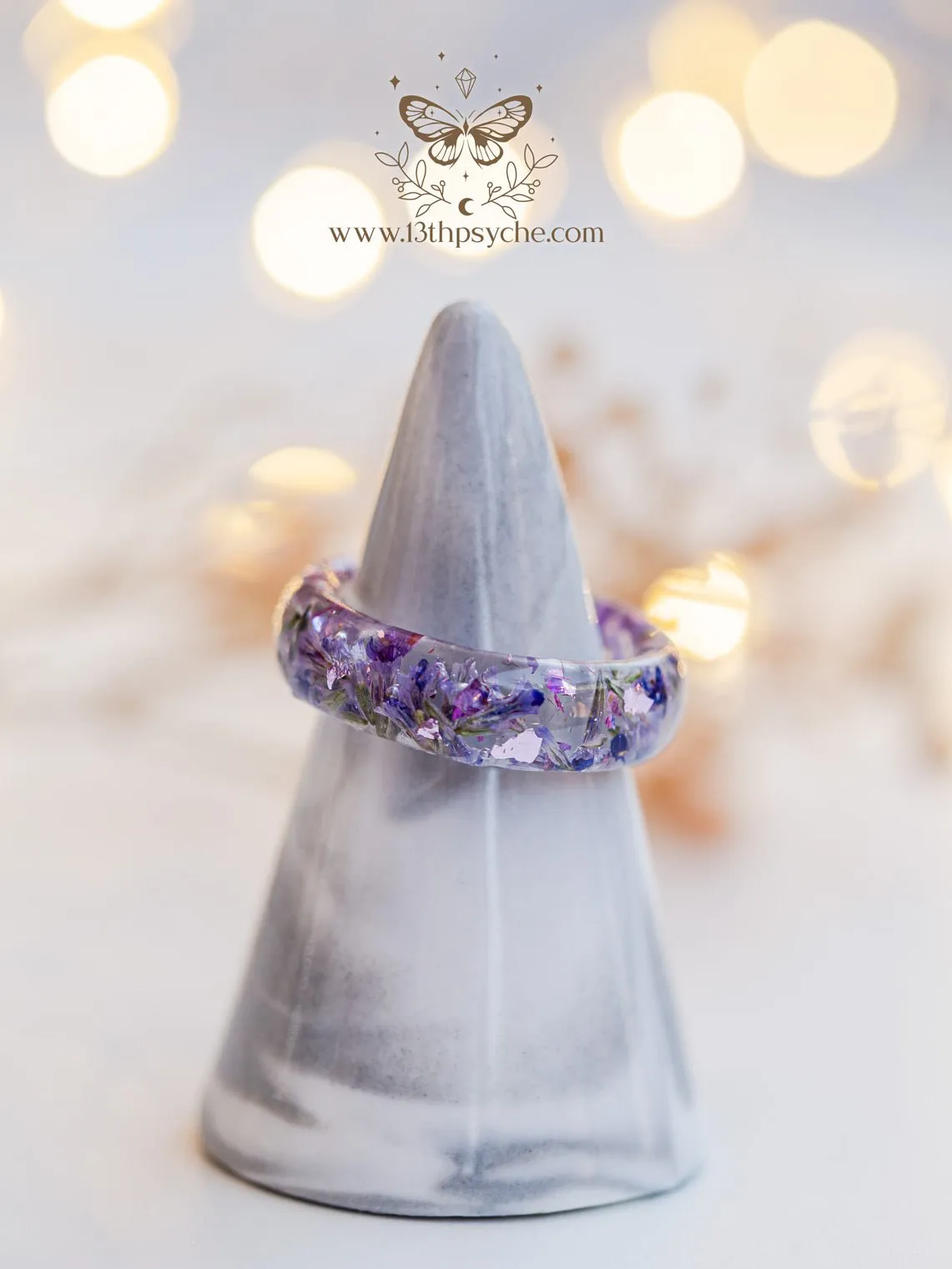 Clear Resin ring with dried lilac flowers