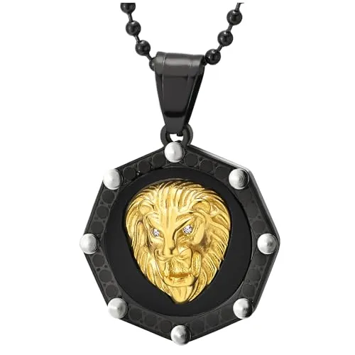 COOLSTEELANDBEYOND Gold Black Lion Head Medal Pendant with CZ and Black Onyx, Mens Stainless Steel Necklace