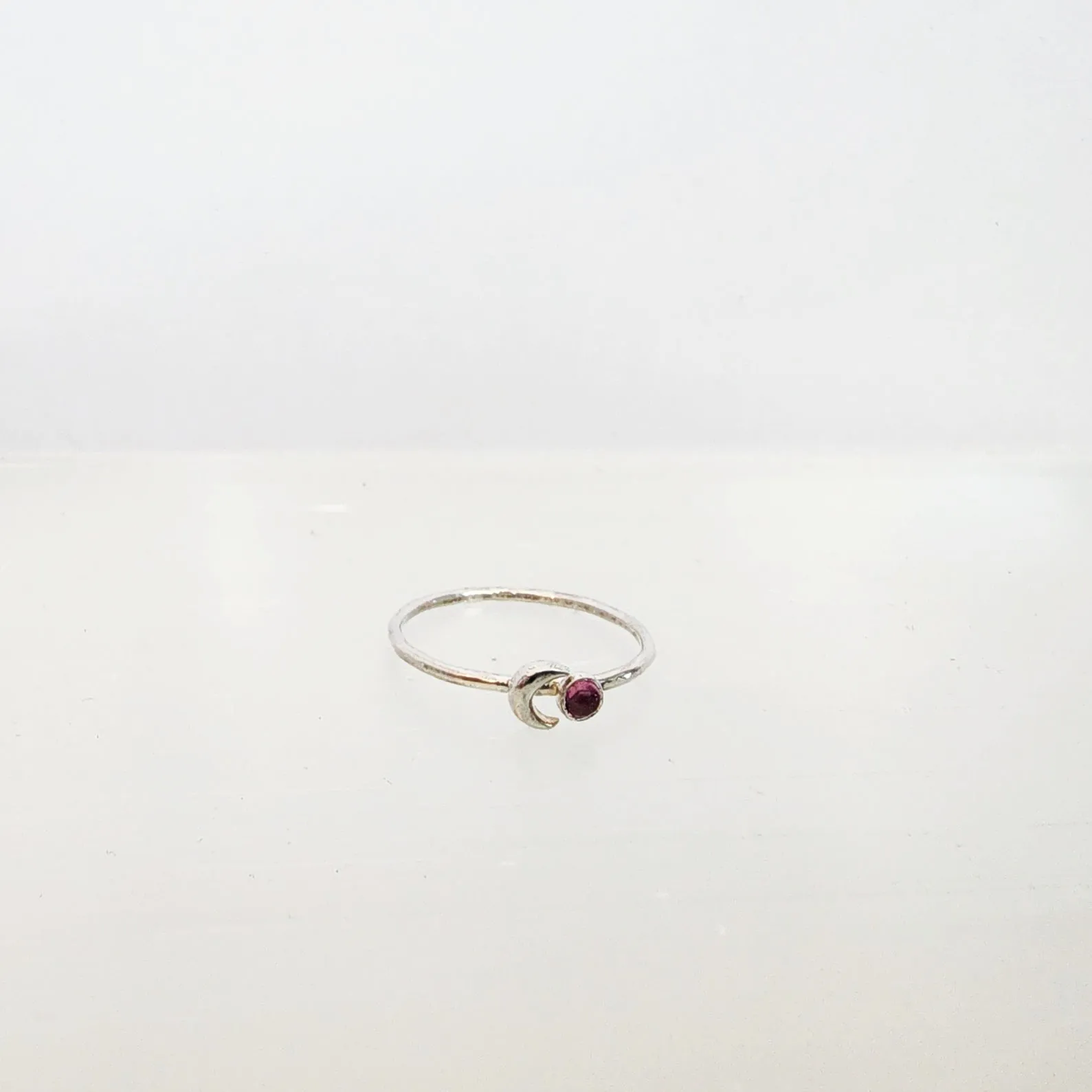 Crescent Moon and Pink Tourmaline Stacking Ring in Sterling Silver