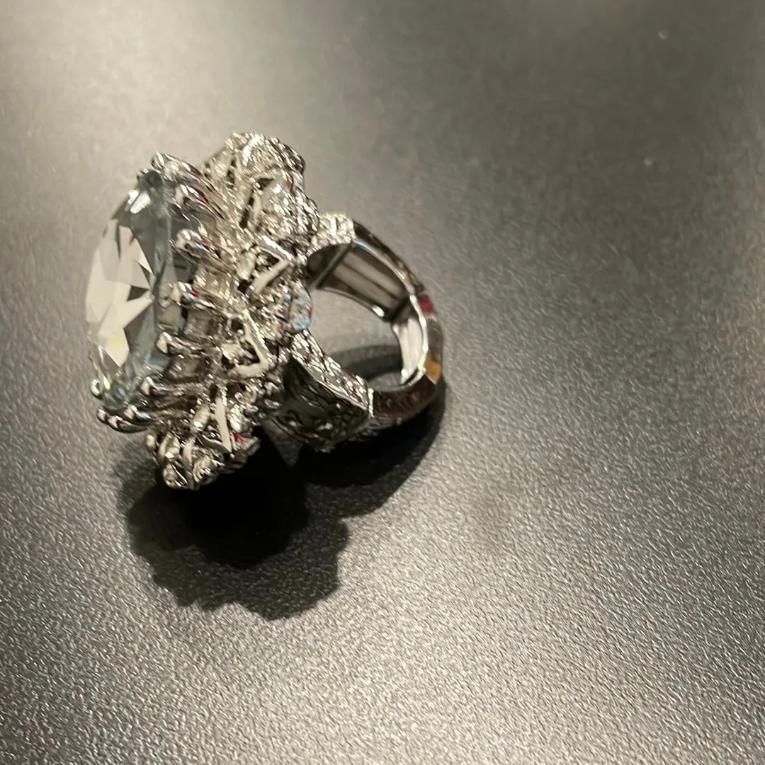 Crystal Vintage Cocktail Ring Rhodium