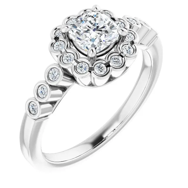 Cubic Zirconia Engagement Ring- The Berkley (Customizable Cushion Cut Design with Round-bezel Halo and Band Accents)