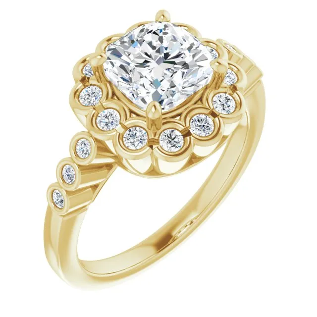 Cubic Zirconia Engagement Ring- The Berkley (Customizable Cushion Cut Design with Round-bezel Halo and Band Accents)