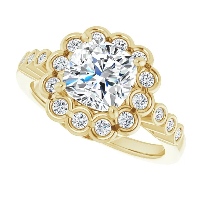 Cubic Zirconia Engagement Ring- The Berkley (Customizable Cushion Cut Design with Round-bezel Halo and Band Accents)