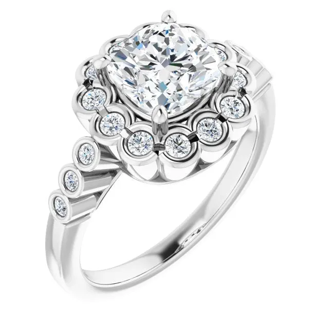 Cubic Zirconia Engagement Ring- The Berkley (Customizable Cushion Cut Design with Round-bezel Halo and Band Accents)