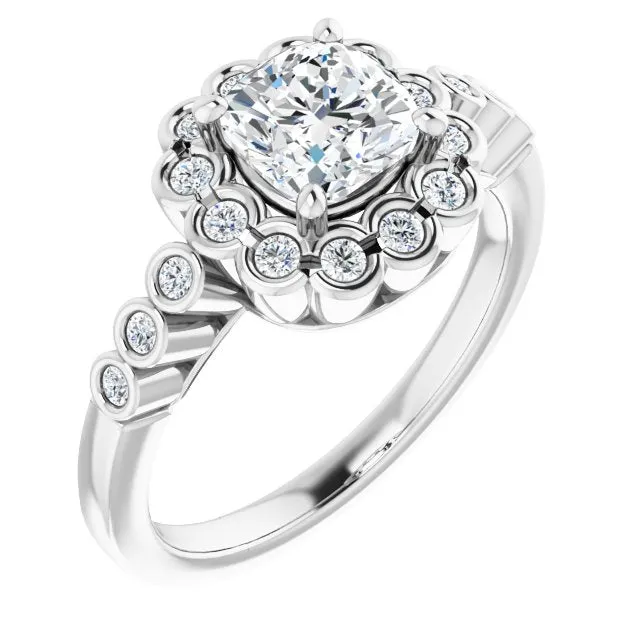 Cubic Zirconia Engagement Ring- The Berkley (Customizable Cushion Cut Design with Round-bezel Halo and Band Accents)