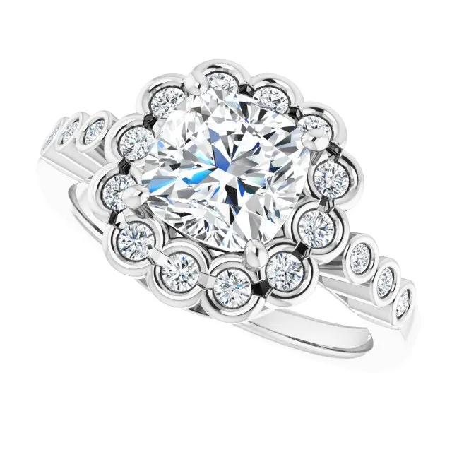 Cubic Zirconia Engagement Ring- The Berkley (Customizable Cushion Cut Design with Round-bezel Halo and Band Accents)