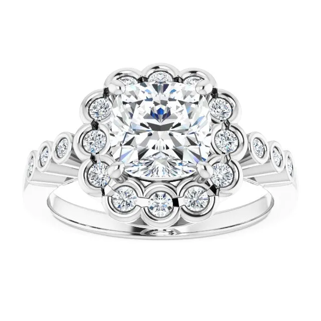 Cubic Zirconia Engagement Ring- The Berkley (Customizable Cushion Cut Design with Round-bezel Halo and Band Accents)