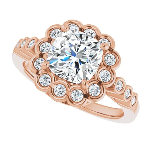 Cubic Zirconia Engagement Ring- The Berkley (Customizable Cushion Cut Design with Round-bezel Halo and Band Accents)